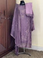 Dark Onion Georgette Four Piece Embroidered Unstitched Dress with Georgette Dupatta