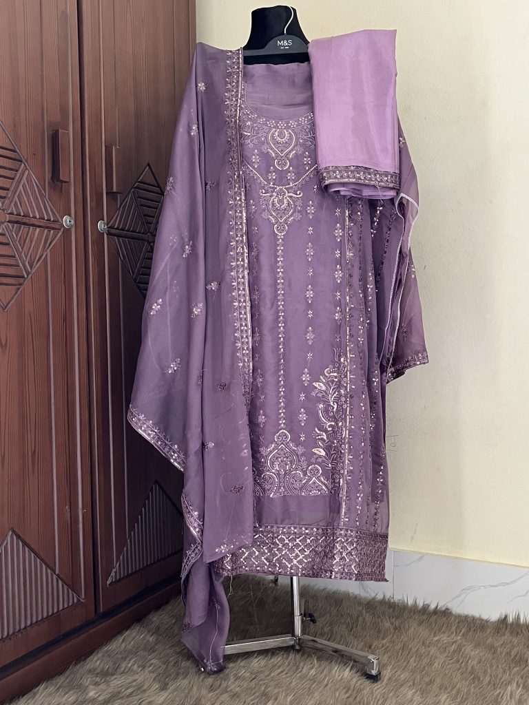 Dark Onion Georgette Four Piece Embroidered Unstitched Dress with Georgette Dupatta