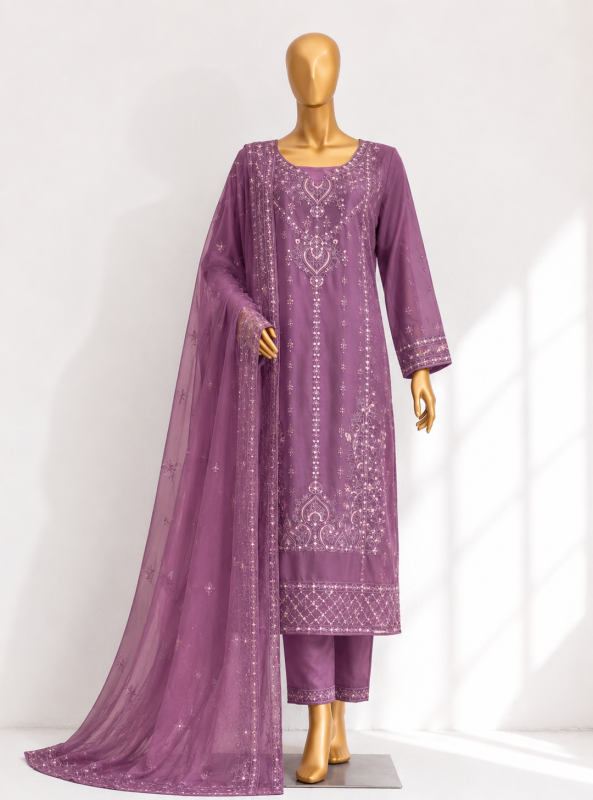 Dark Onion Georgette Four Piece Embroidered Unstitched Dress with Georgette Dupatta