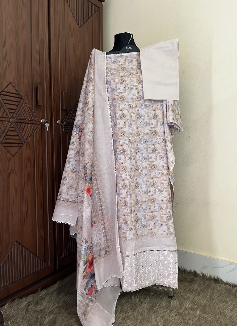 Off White Cotton Three Piece Printed and Embroidered Unstitched Dress with Cotton DupattaOff White Cotton Three Piece Printed and Embroidered Unstitched Dress with Cotton Dupatta