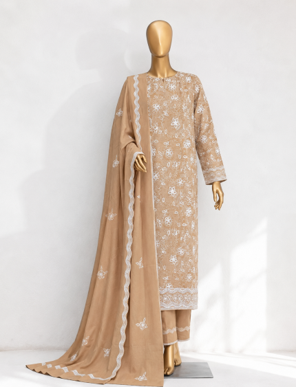 Golden Cotton Three Piece Embroidered Unstitched Dress with Cotton Dupatt