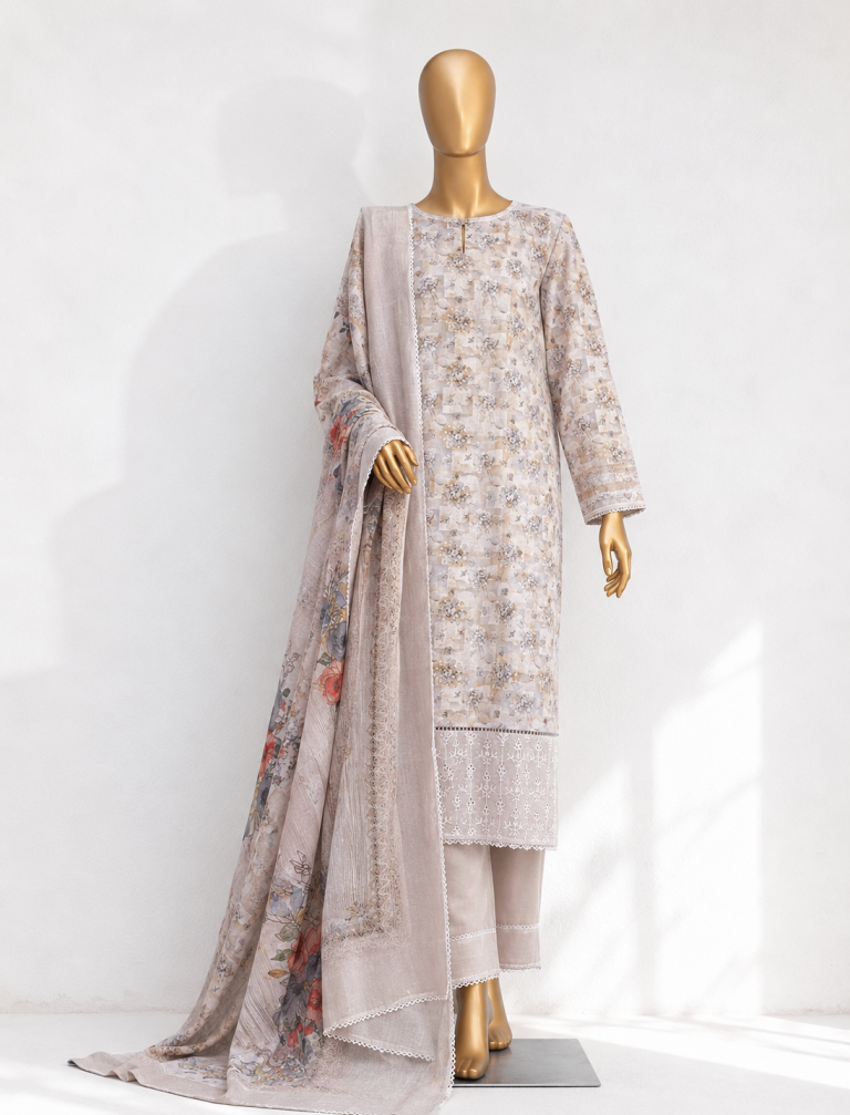 Off White Cotton Three Piece Printed and Embroidered Unstitched Dress with Cotton DupattaOff White Cotton Three Piece Printed and Embroidered Unstitched Dress with Cotton Dupatta