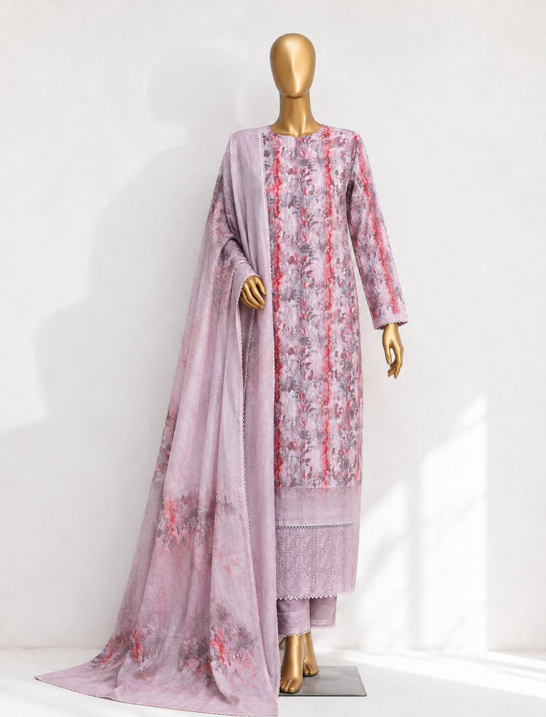 Onion Cotton Three Piece Printed and Embroidered Unstitched Dress with Cotton Dupatta